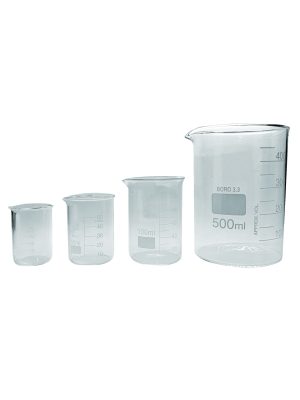 Multiple clear glass beakers